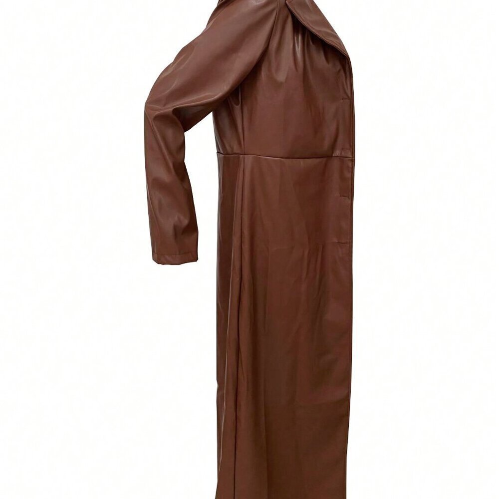 Khaki Elegant Women's Faux Leather Button Warm Long Sleeve Coat - Picture 4 of 7